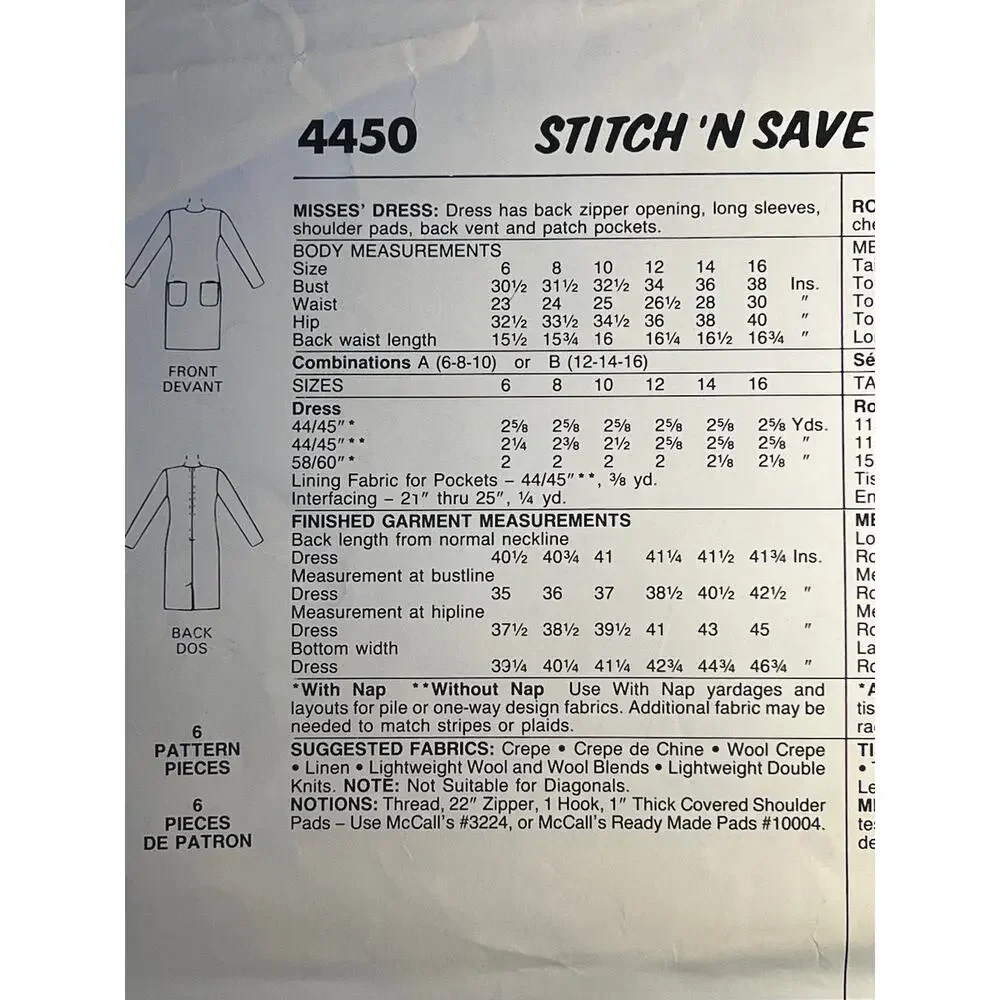 McCalls Sewing pattern 4450 dress straight long sleeve pockets 1980s size 12